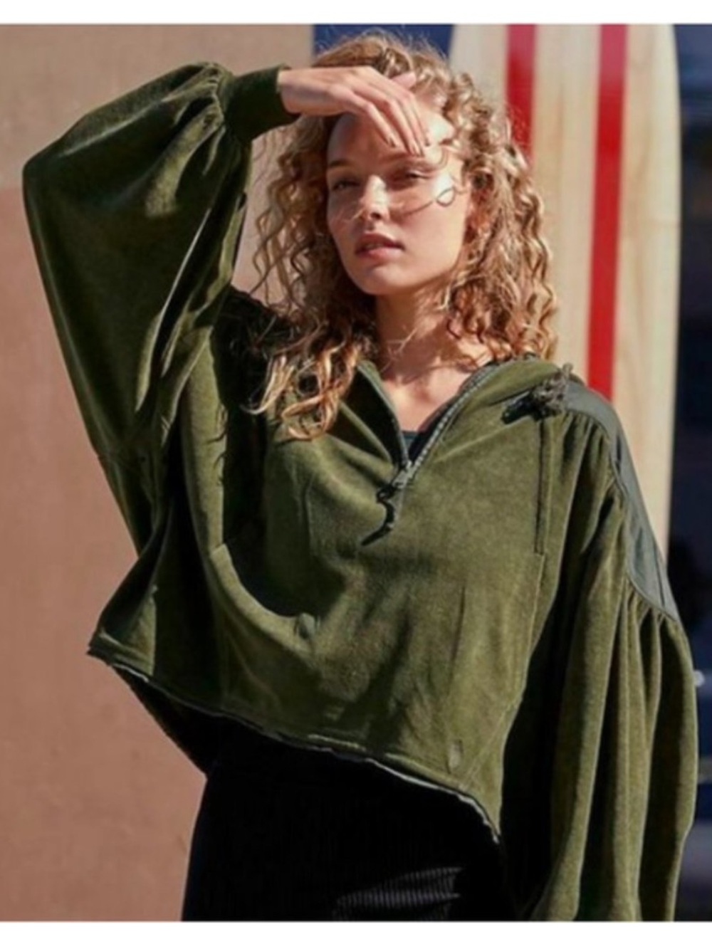FP Movement by Free People Olive Green Balloon Sleeve Quarter-Zip Pullover